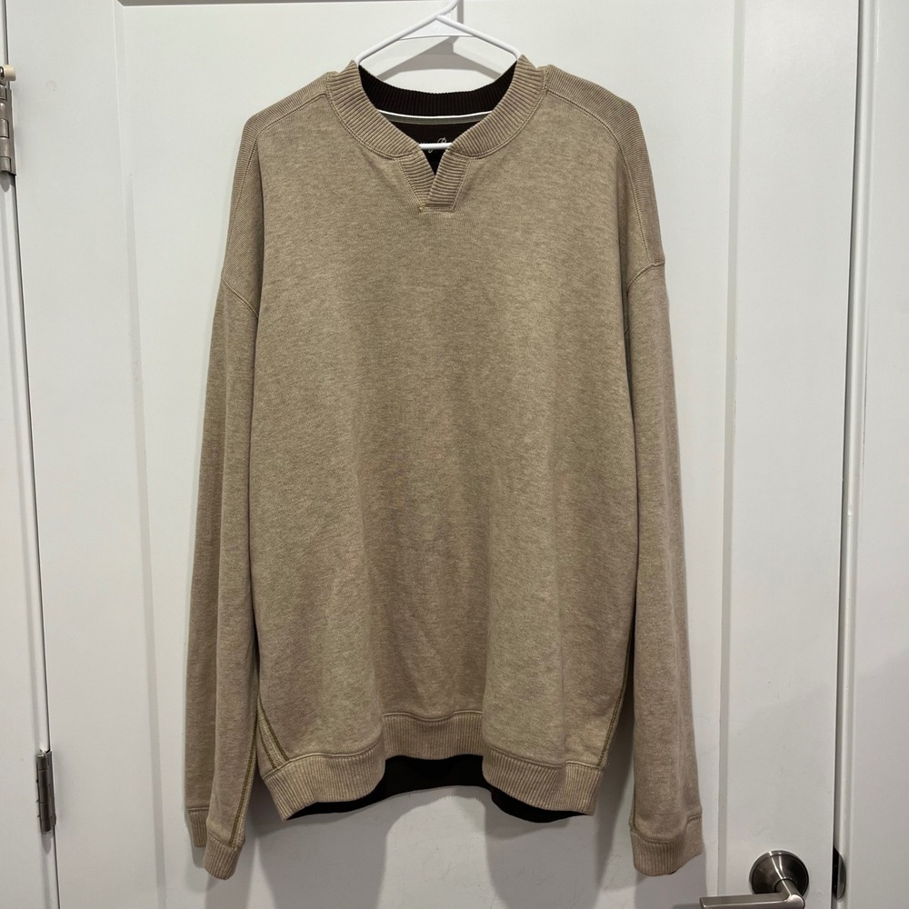 Tommy Bahama Mens XL Tan Brown Cotton Pullover Sweater Split Neck Long Sleeve